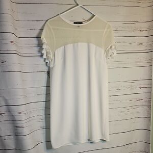 Lulus White Tassel Sleeve Sheer Mesh Overlay Party Cocktail Dress,Medium